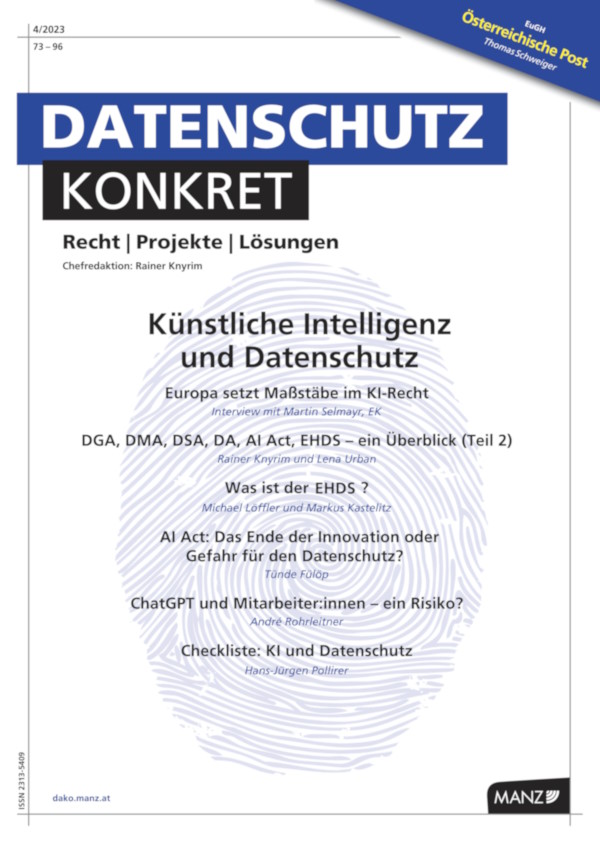 Cover Datenschutz Konkret 4/2023 - Künstliche Intelligenz und Datenschutz mit Beitrag von Michael Löffler und Markus Kastelitz: Was ist der EHDS? Manz Verlag