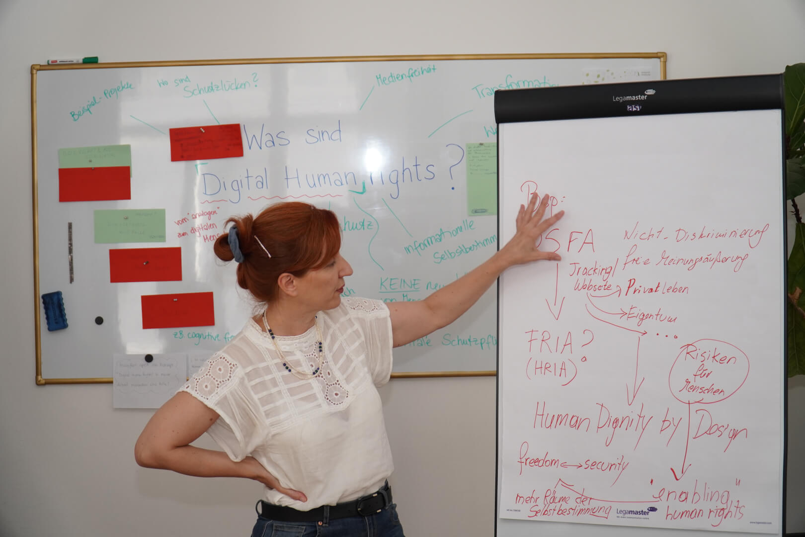 Tünde Fülöp, eine rothaarige Frau, steht vor einem Whiteboard mit vielen Begriffen, unter anderem: Was sind Digital Human Rights? sie zeigt auf ein Flipchard auf dem DSFA steht (Datenschutzfolgenabschätzung) Sowie Human Dignity by Design