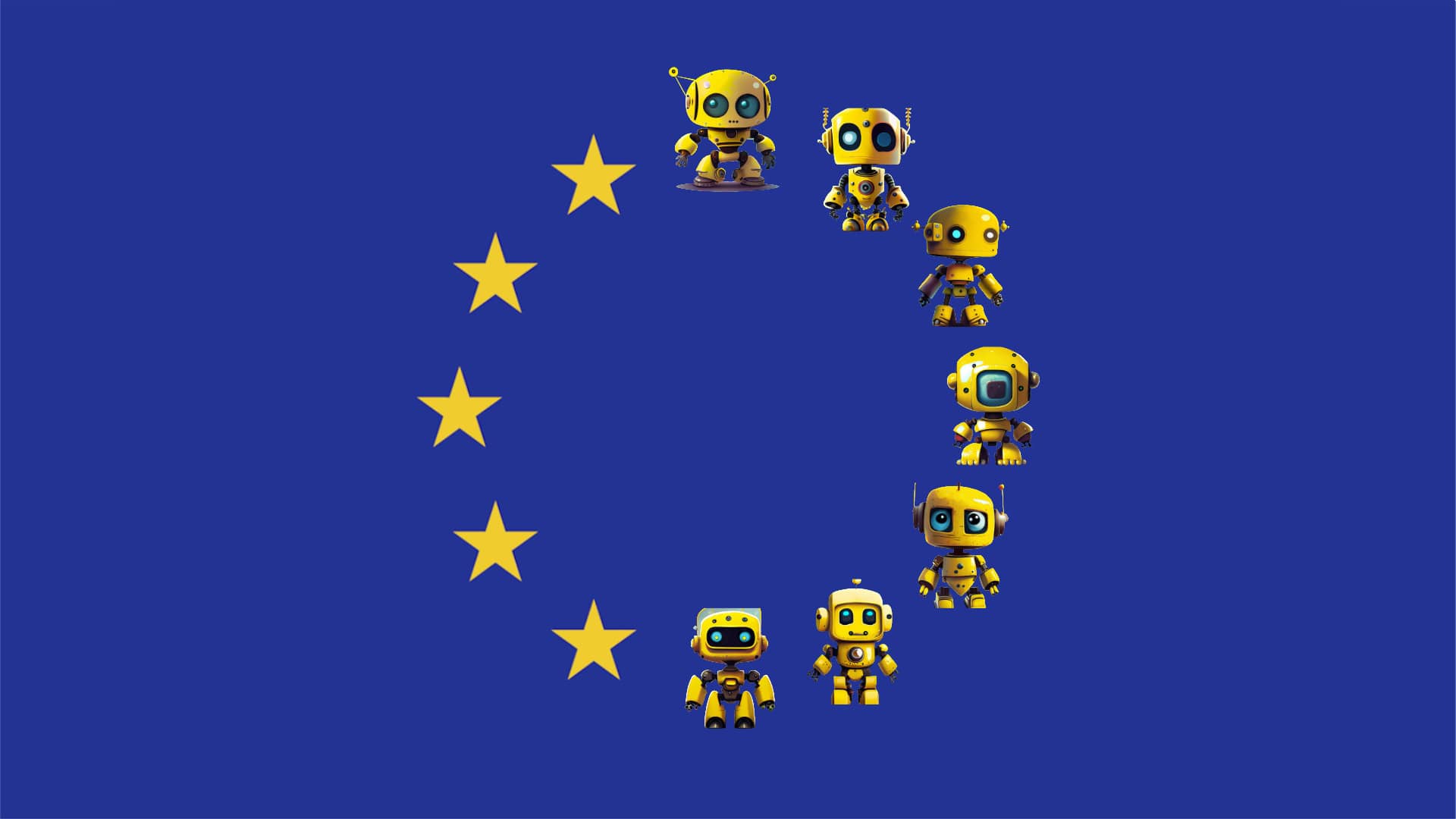 Eine EU Fahne, nur sind manche Sterne durch kleine gelbe Roboter ersetzt