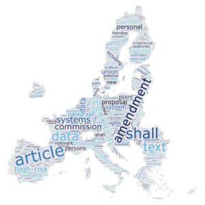 Eine Europakarte als Wordcloud mit Wörtern aus EU-Verordnungen als Inhalt
