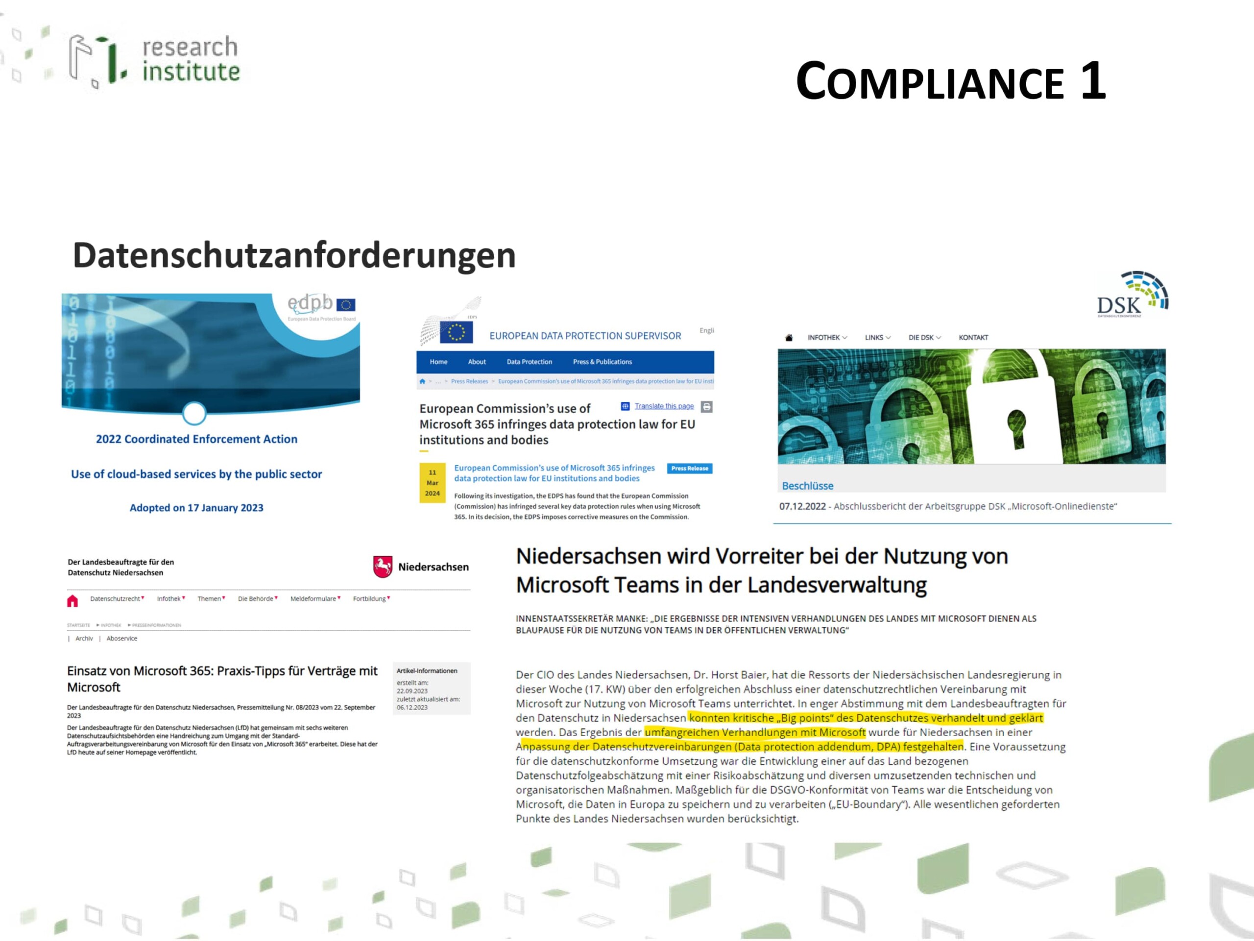 Eine Artikelsammlung zum Thema MS 365 - ein vorgehobener Artikel: Niedersachsen wird Vorreiter bei der Nutzung von Microsoft Teams in der Landesverwaltung INNENSTAATSSEKRETÅR MANKE: „DIE ERGEBNISSE DER INTENSIVEN VERHANDLUNGEN DES LANDES MIT MICROSOFT DIENEN ALS BLAUPAUSE FÜR DIE NUTZUNG VON TEAMS IN DER ÖFFENTLICHEN VERWALTUNG" Der CIO des Landes Niedersachsen, Dr. Horst Baier, hat die Ressorts der Niedersachsischen Landesregierung in dieser Woche (17. KW) uber den erfolgreichen Abschluss einer datenschutzrechtlichen Vereinbarung mit Microsoft zur Nutzung von Microsoft Teams unterrichtet. In enger Abstimmung mit dem Landesbeauftragten für den Datenschutz in Niedersachsen konnten kritische „Big points" des Datenschutzes verhandelt und geklart werden. Das Ergebnis der umfangreichen Verhandlungen mit Microsoft wurde für Niedersachsen in einer Anpassung der Datenschutzvereinbarungen (Data protection addendum, DPA) festgehalten. Eine Voraussetzung für die datenschutzkonforme Umsetzung war die Entwicklung einer auf das Land bezogenen Datenschutzfolgeabschätzung mit einer Risikoabschatzung und diversen umzusetzenden technischen und organisatorischen Maßnahmen. Maßgeblich für die DSGVO-Konformitat von Teams war die Entscheidung von Microsoft, die Daten in Europa zu speichern und zu verarbeiten („EU-BoundarY'). Alle wesentlichen geforderten Punkte des Landes Niedersachsen wurden berücksichtigt.