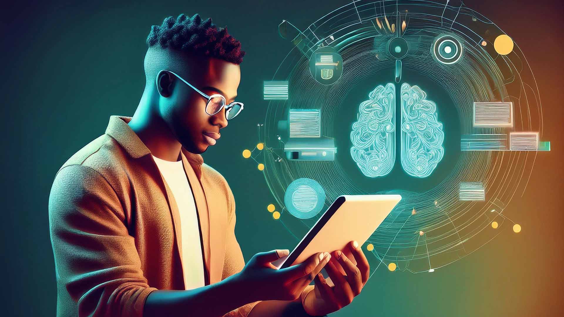 Digital Humanism Header - A Person of Colour looking at his tablet, besides him a brain with connections represents Digital Humanism