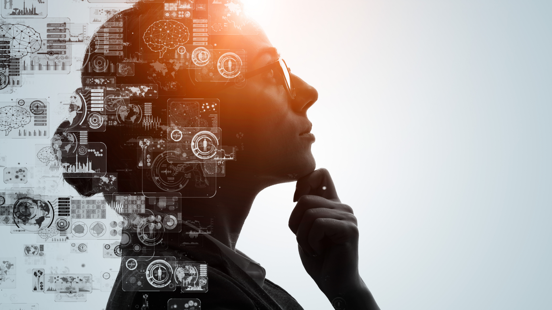 Frau denkt nach. KI in Form von Daten im Hintergrund.