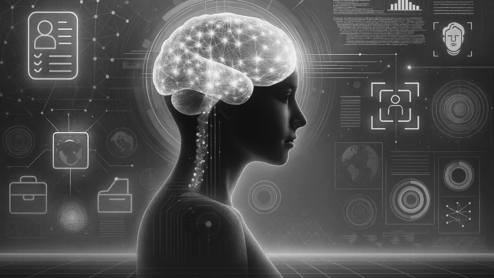 AI Know abgeschlossen- KI generiert und mit canva bearbeitet: Frau mit digitalem Gehirn in schwarz weiß