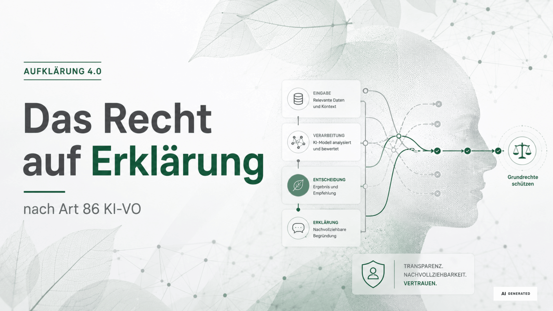 Grafik zum Recht auf Erklärung nach Art. 86 KI-VO mit schematischer Darstellung einer KI-gestützten Entscheidung sowie den Prinzipien Transparenz, Nachvollziehbarkeit und Grundrechtsschutz. KI-generierte Illustration, erstellt und redaktionell bearbeitet durch das Research Institute – Digital Human Rights Center.