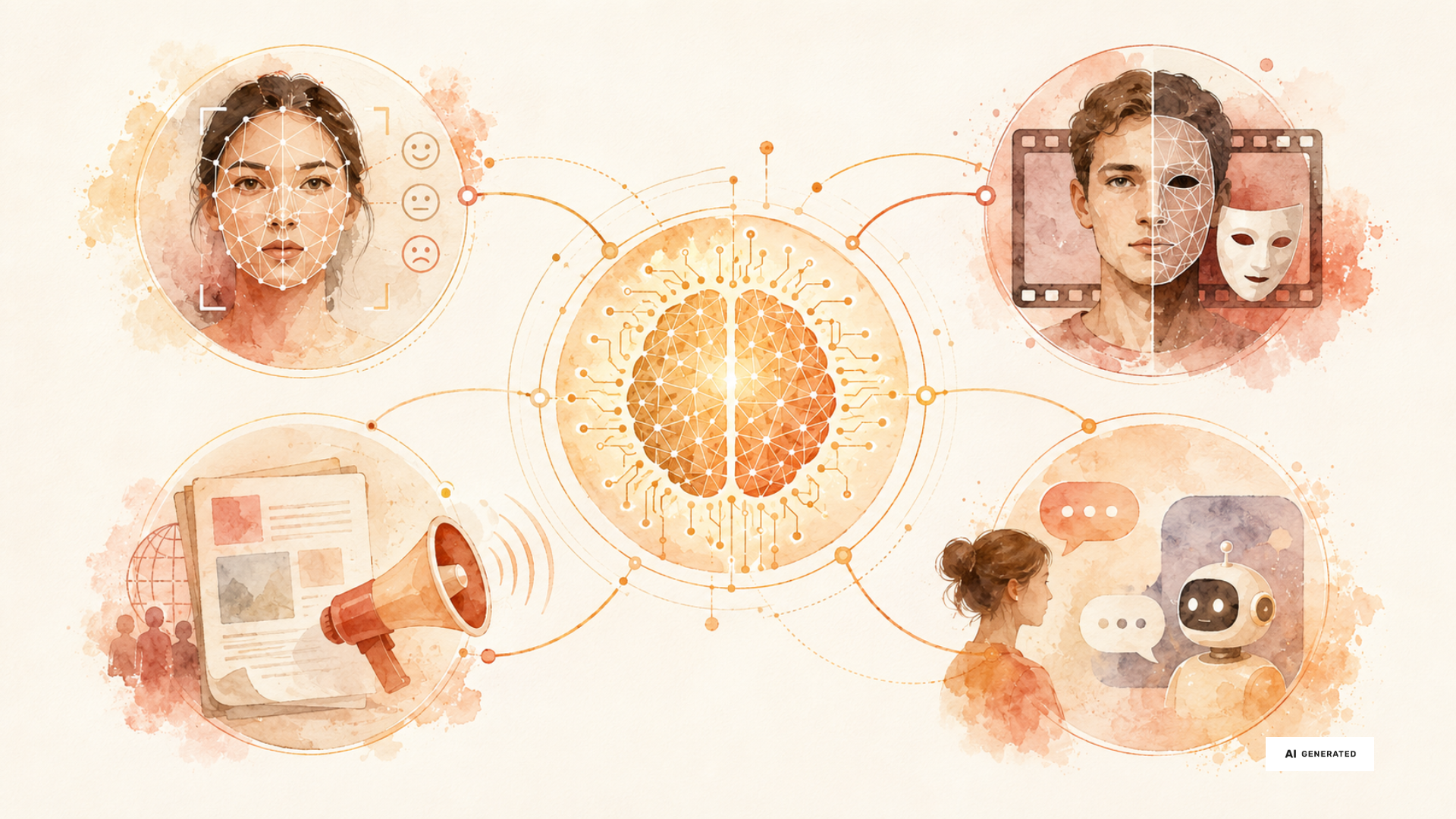 llustration zu den Transparenzpflichten des AI Act mit KI-Gehirn, Gesichtserkennung, Deepfake, Chatbot und KI-generierten Medieninhalten