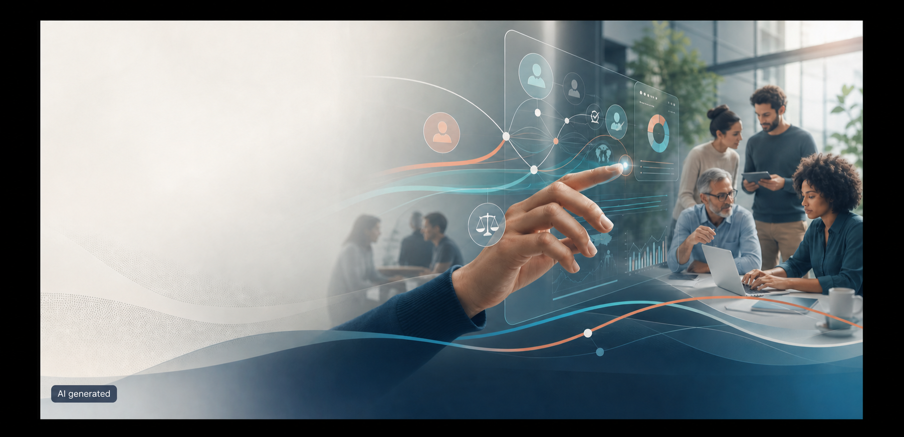 Eine vielfältige Gruppe von Beschäftigten arbeitet gemeinsam in einem modernen Büro. Im Vordergrund steuert eine menschliche Hand eine transparente digitale Oberfläche mit verbundenen Datenpunkten, Diagrammen und einem Waagensymbol. Das Motiv steht für menschliche Kontrolle, digitale Rechte und Transparenz in der Arbeitswelt.