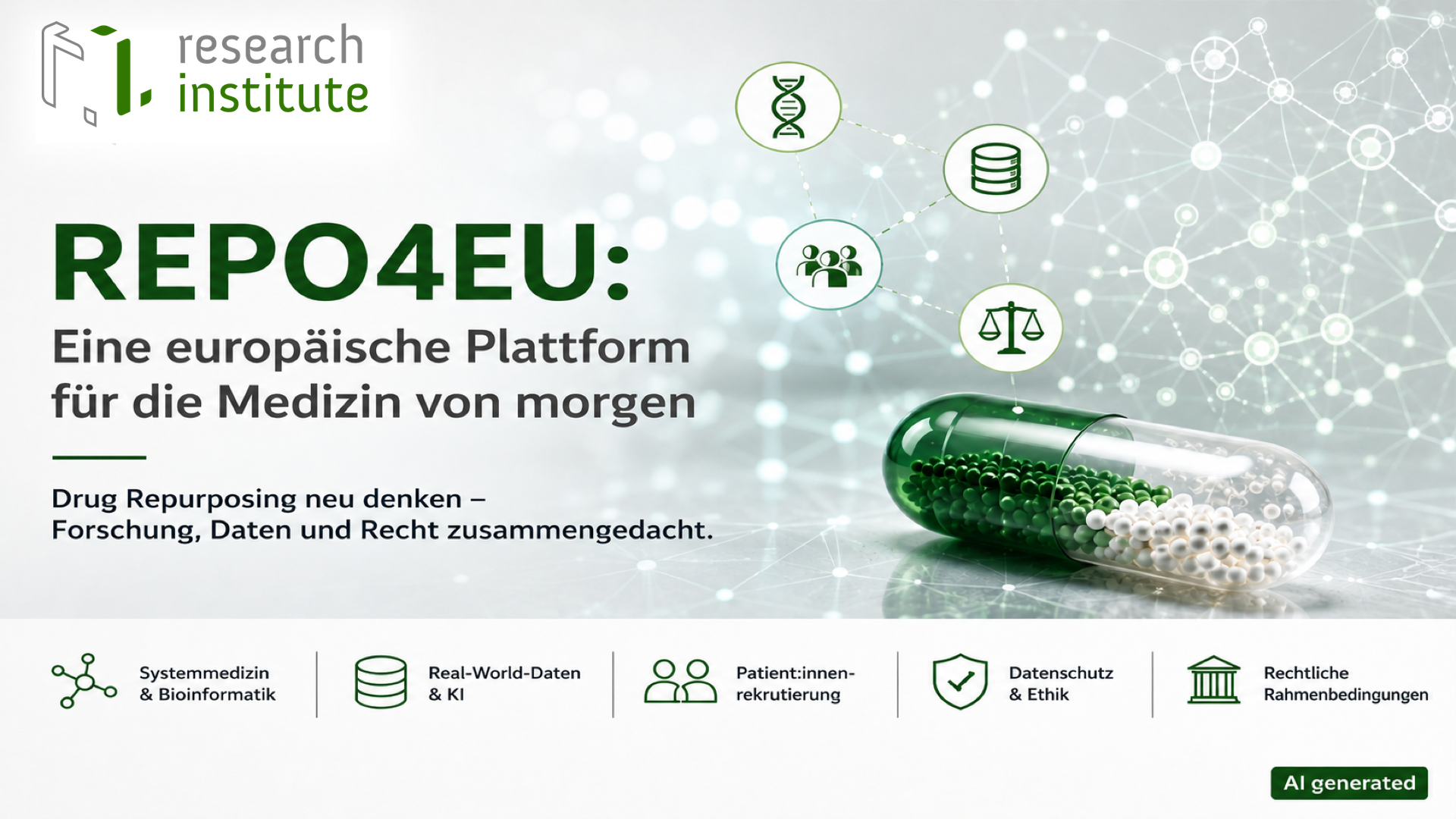 REPO4EU – europäische Forschungsplattform für Drug Repurposing mit Fokus auf Gesundheitsdaten, KI und rechtliche Rahmenbedingungen. KI-generiert mit ChatGPT (OpenAI)