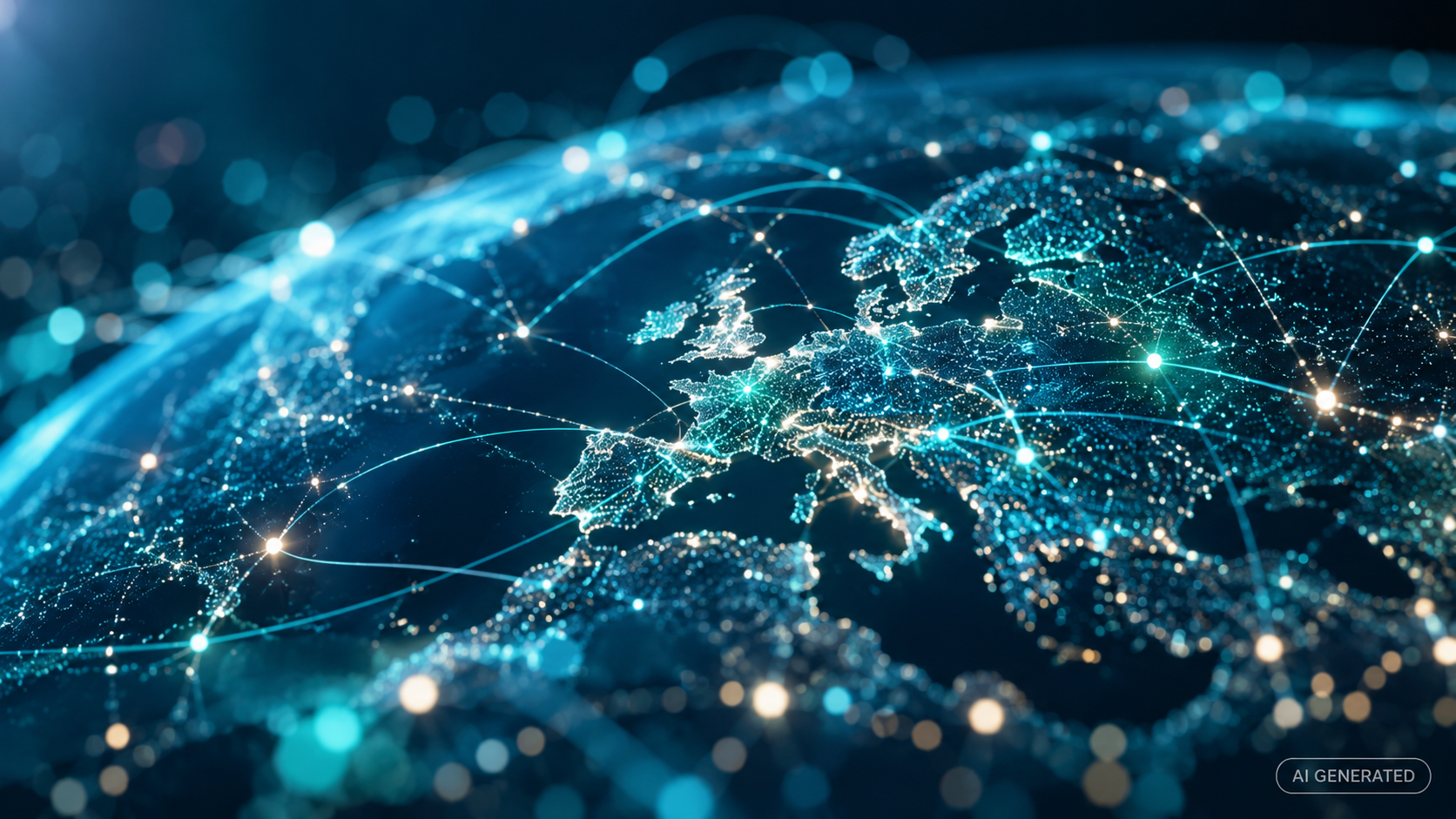 Digitale Darstellung Europas mit leuchtenden Datenpunkten und globalen Netzwerkverbindungen als Symbol für digitale Souveränität und internationalen Datenaustausch.
